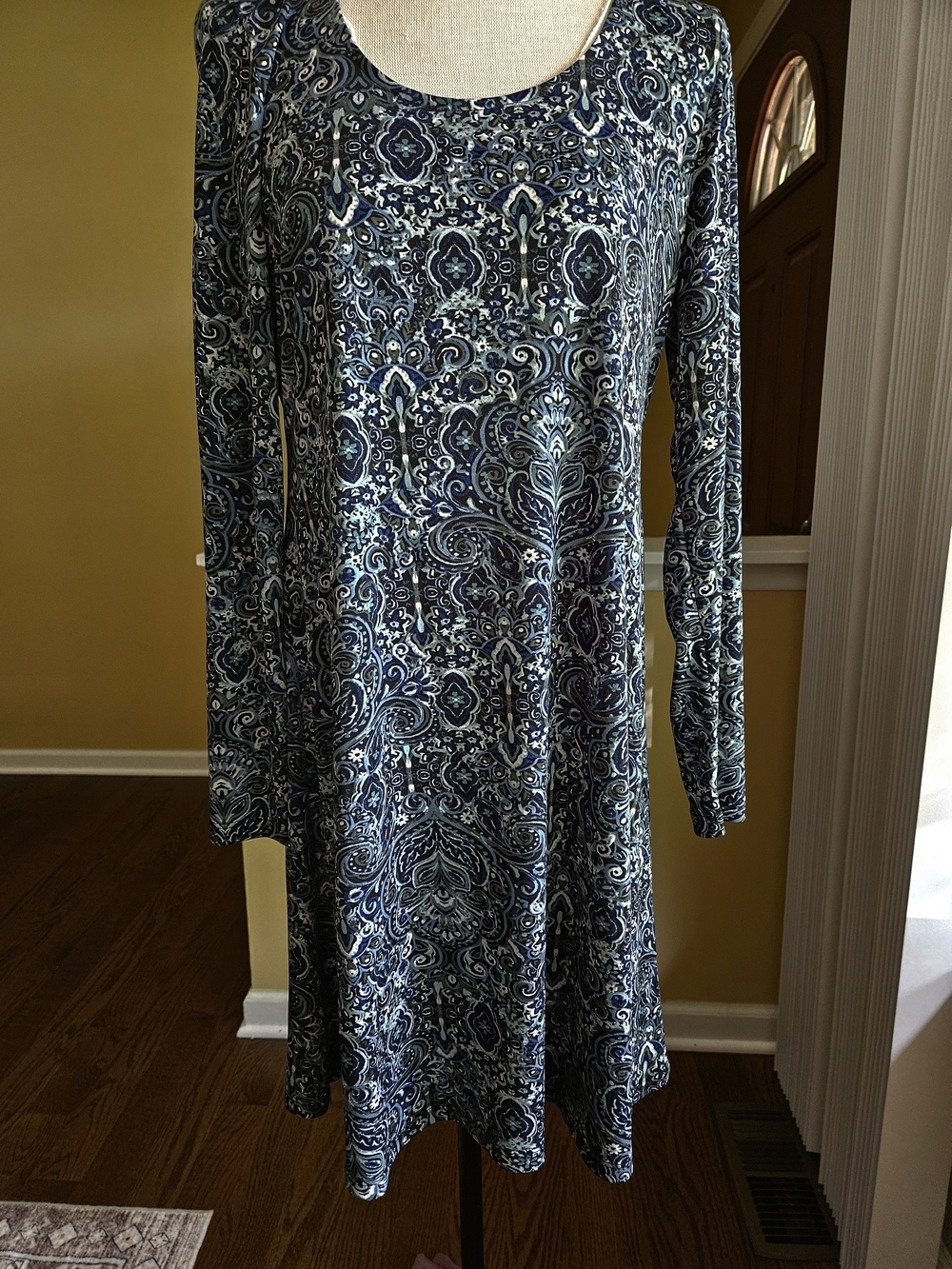 Karen Kane Navy and Light Blue Paisley Long-Sleeve Dress